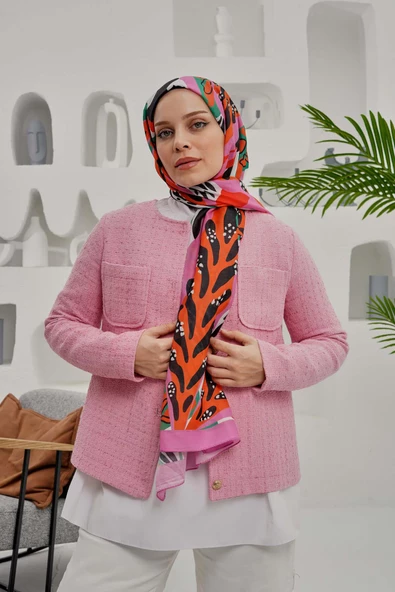 Afvente Tropikal Yaprak Desen Pembe Soft Pamuk Şal - Resim 3