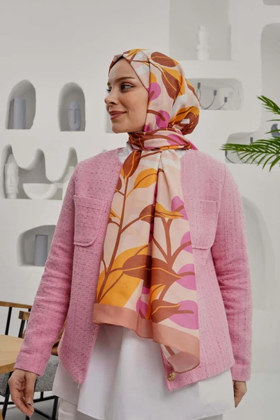 Afvente Tropikal Yaprak Desen Açık Kahverengi Soft Pamuk Şal - Resim 2