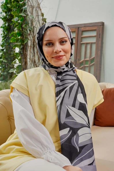 Afvente Tropikal Yaprak Desen Gri Soft Pamuk Şal - Resim 2