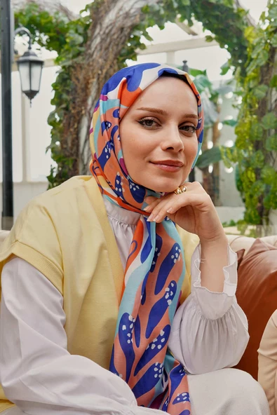 Afvente Tropikal Yaprak Desen Mavi Soft Pamuk Şal - Resim 2