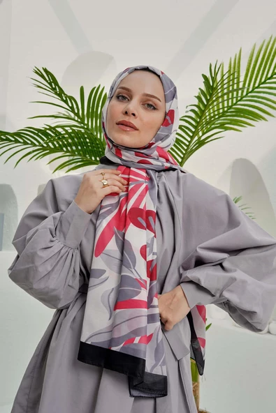 Afvente Tropikal Yaprak Desen Kırmızı Soft Pamuk Şal - 2