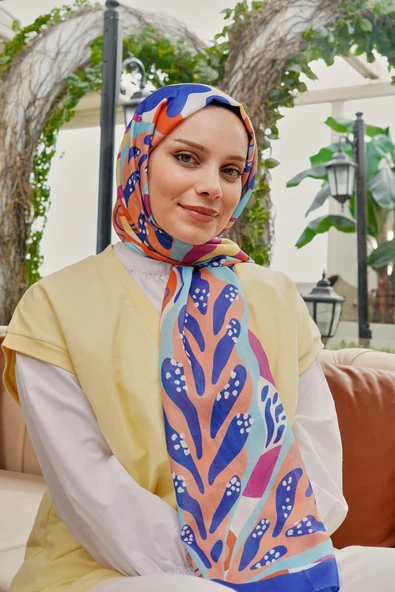 Afvente Tropikal Yaprak Desen Mavi Soft Pamuk Şal - Resim 4