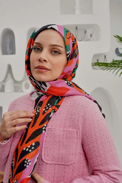 Afvente Tropikal Yaprak Desen Pembe Soft Pamuk Şal ürün görseli 1