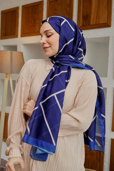 Afvente Geometrik Desen Lacivert Soft Pamuk Şal - Resim 3