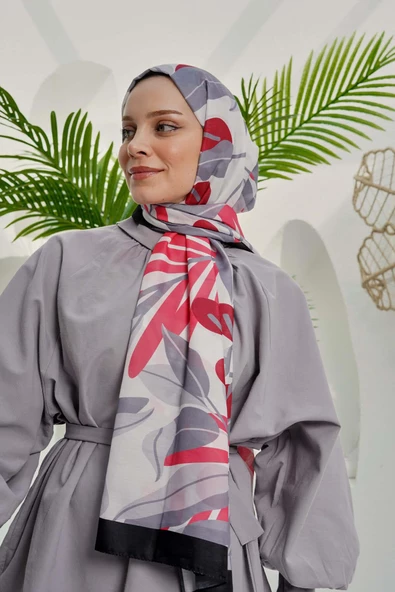 Afvente Tropikal Yaprak Desen Kırmızı Soft Pamuk Şal - 3