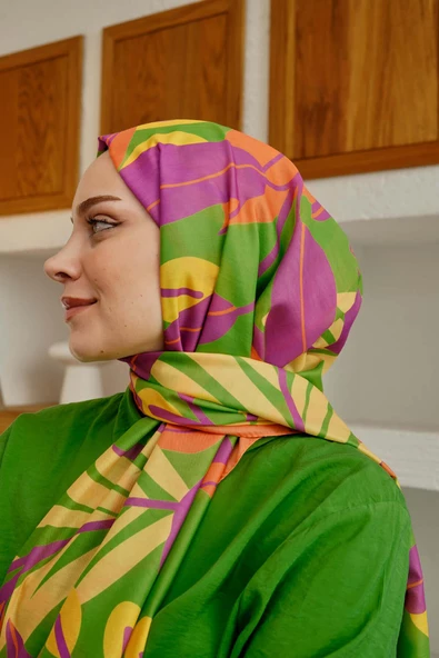 Afvente Tropikal Yaprak Desen Yeşil Soft Pamuk Şal - Resim 2