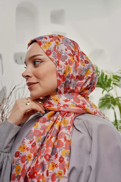 Afvente Çiçek Desen Turuncu Soft Pamuk Şal - Resim 4