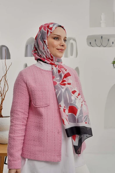 Afvente Çiçek Desen Pembe Soft Pamuk Şal - Resim 4