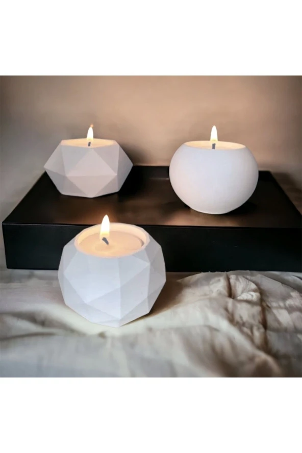 Havalı Tasarım Üçlü Tealight Beton Mumluk Set Serisi