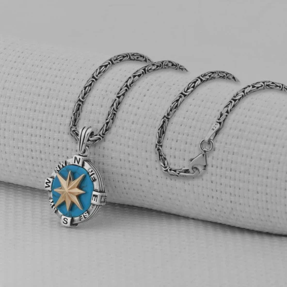 Turkuaz Taşlı Pusula 925 Ayar Erkek Gümüş Kolye - Resim 2