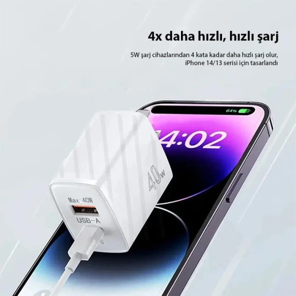 ALLY 40W Type-C + USB QC3.0 PD Hızlı Şarj Adaptörü Şarj Beyaz - 2