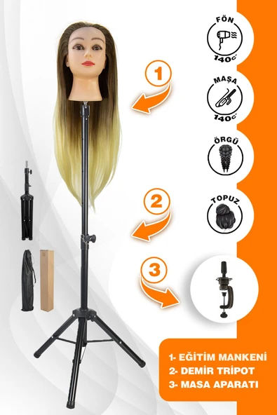 Kuaför Eğitim Mankeni Kahverengi/Platin + Demir Tripod + Masa Aparatı - 3'lü Set - 1