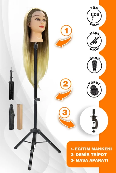 Kuaför Eğitim Mankeni Kahverengi/Platin + Demir Tripod + Masa Aparatı - 3'lü Set - 2