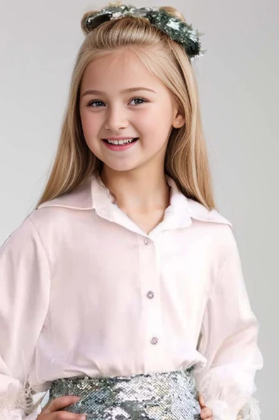 Kız Çocuk Kol Uçları ve Etek Uçu Kırçıllı Pulpaytet Detaylı Su Yeşil Etekli Takım - Resim 2