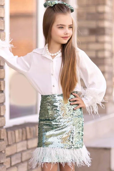 Kız Çocuk Kol Uçları ve Etek Uçu Kırçıllı Pulpaytet Detaylı Su Yeşil Etekli Takım - Resim 5