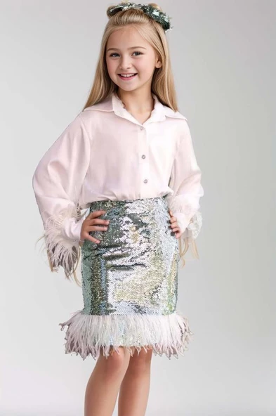 Kız Çocuk Kol Uçları ve Etek Uçu Kırçıllı Pulpaytet Detaylı Su Yeşil Etekli Takım ürün görseli