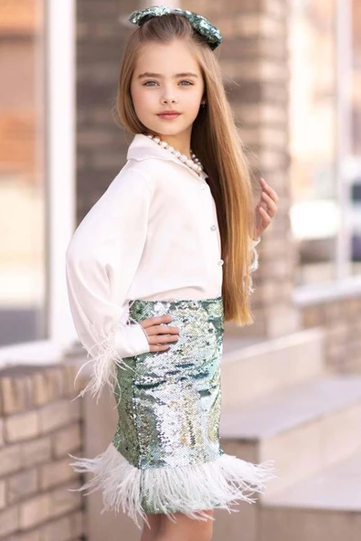 Kız Çocuk Kol Uçları ve Etek Uçu Kırçıllı Pulpaytet Detaylı Su Yeşil Etekli Takım - Resim 7