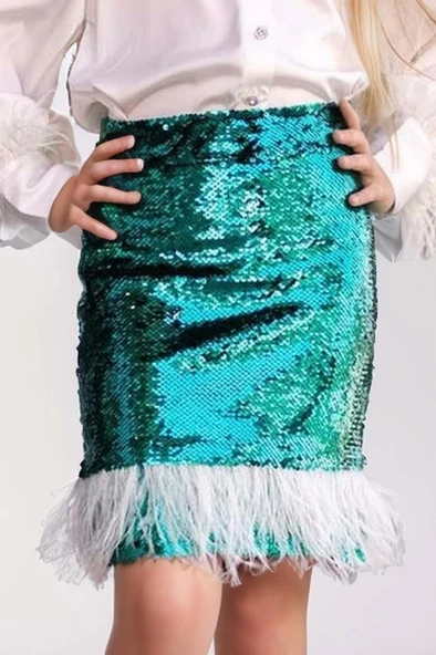 Kız Çocuk Kol Uçları ve Etek Uçu Kırçıllı Pulpaytet Detaylı Yeşil Etekli Takım - Resim 3