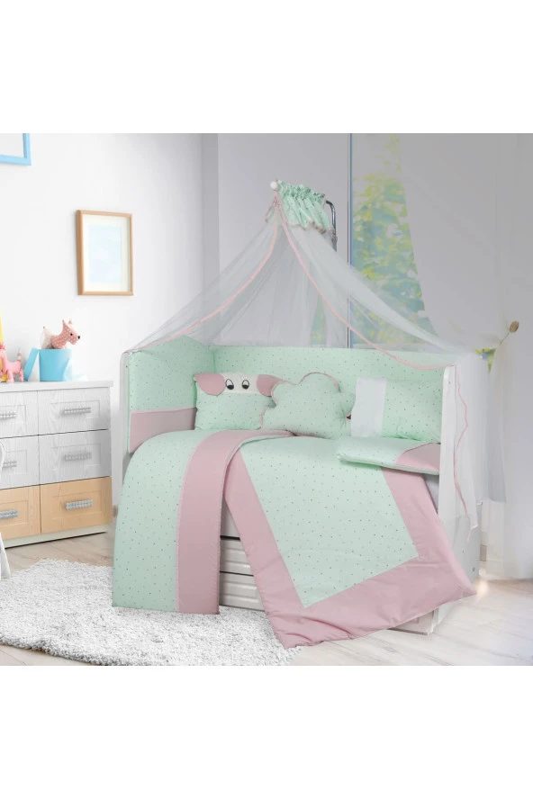 TuGU HoMe&BaBy %100 pamuklu 60x120 cm 11 parça puantiye desenli,köpekli bulutlu yastık uyku seti04