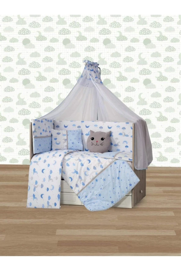 Tugu Home&baby 70x130cm Yan Korumalıklı  Pamuklu Hilal Ay Yıldızlı Model 9 Parça Bebek Uyku Seti