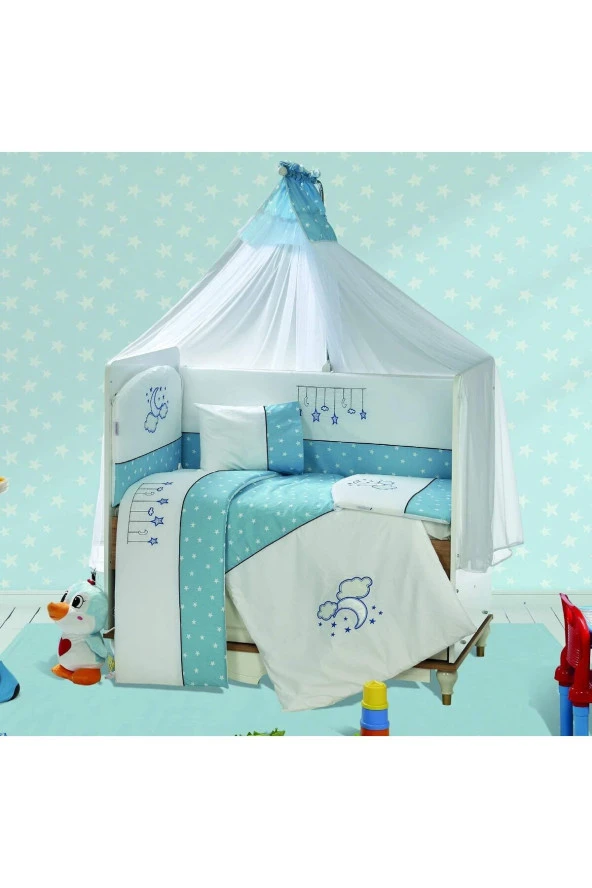 Tugu Home&baby 70x130cm Yan Korumalıklı %100 Pamuk Ay-yıldız Model 9 Parça Bebek Uyku Seti14