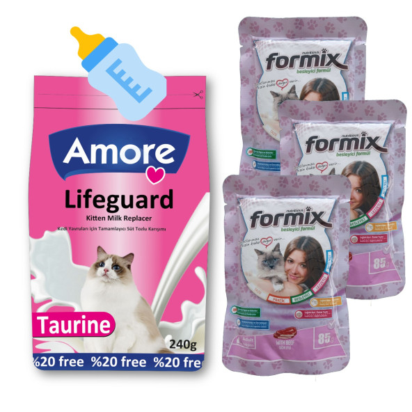 Amore Yavru Kedi Süt Tozu 240gr LifeGuard, Biberon, 3-Formix-Beef-Punch Islak Kedi Ödülü