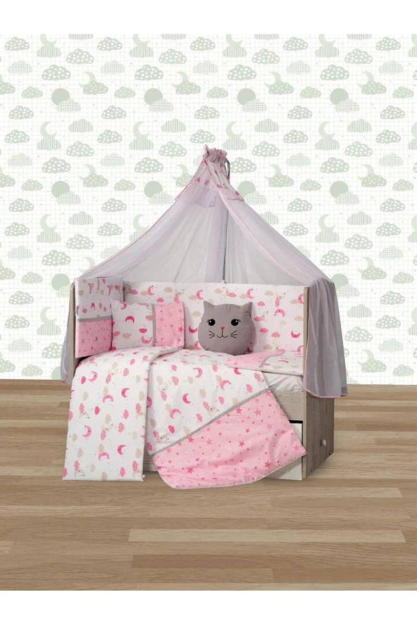 Tugu Home&baby 60x120cm Yan Korumalıklı  Pamuklu Hilal Ay Yıldızlı Model 9 Parça Bebek Uyku Seti