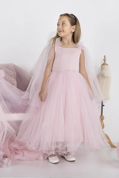 Minimony 5-9 Yaş Pelerin Kol Detaylı Kız Çocuk Tam Boy Elbise Bayramlık Mezuniyet Balo Abiye Gelinlik 5004 - 6