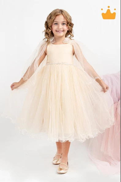 Minimony 5-9 Yaş Pelerin Kol Detaylı Kız Çocuk Tam Boy Elbise Bayramlık Mezuniyet Balo Abiye Gelinlik 5004 - 10