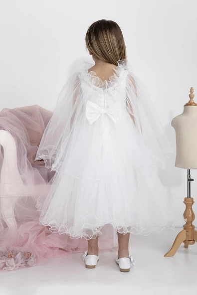 Minimony 5-9 Yaş Pelerin Kol Detaylı Kız Çocuk Tam Boy Elbise Bayramlık Mezuniyet Balo Abiye Gelinlik 5004 - 3