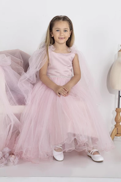 Minimony 5-9 Yaş Pelerin Kol Detaylı Kız Çocuk Tam Boy Elbise Bayramlık Mezuniyet Balo Abiye Gelinlik 5004 - 7