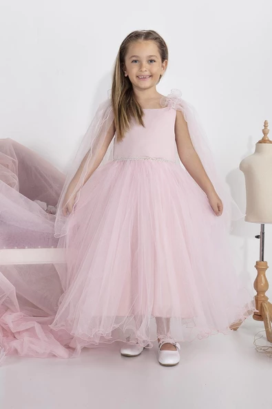 Minimony 5-9 Yaş Pelerin Kol Detaylı Kız Çocuk Tam Boy Elbise Bayramlık Mezuniyet Balo Abiye Gelinlik 5004 - 5