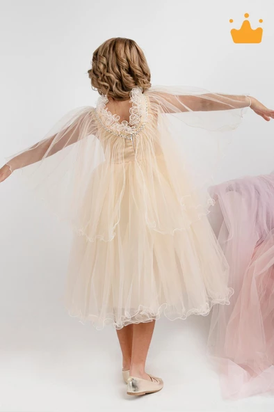 Minimony 5-9 Yaş Pelerin Kol Detaylı Kız Çocuk Tam Boy Elbise Bayramlık Mezuniyet Balo Abiye Gelinlik 5004 - 12