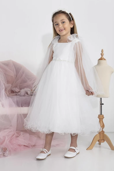 Minimony 5-9 Yaş Pelerin Kol Detaylı Kız Çocuk Tam Boy Elbise Bayramlık Mezuniyet Balo Abiye Gelinlik 5004 - 2