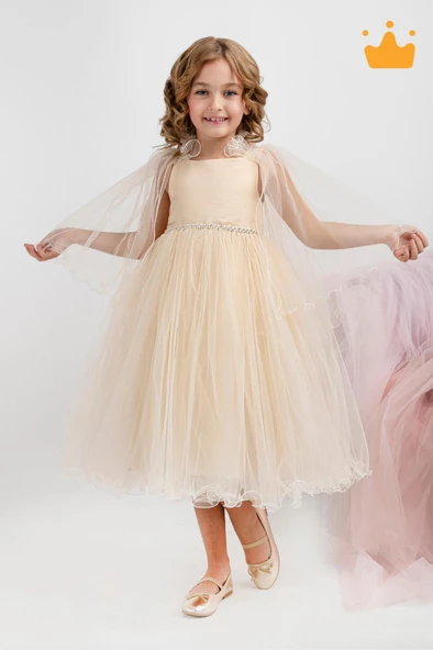 Minimony 5-9 Yaş Pelerin Kol Detaylı Kız Çocuk Tam Boy Elbise Bayramlık Mezuniyet Balo Abiye Gelinlik 5004 - 11