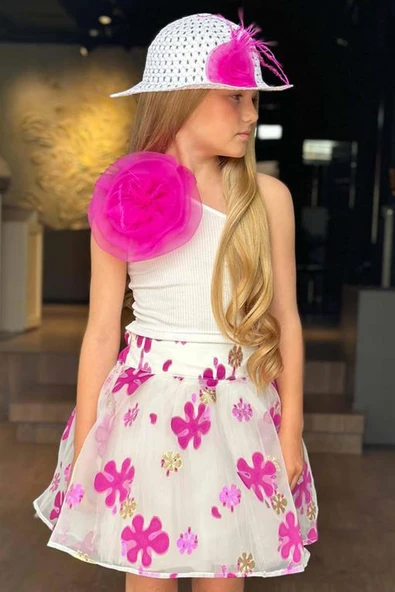 Kız Çocuk Tek Omuzlu Gül Detaylı Bluz ve Jakar Desenli Fuşya Etekli Takım - Resim 6