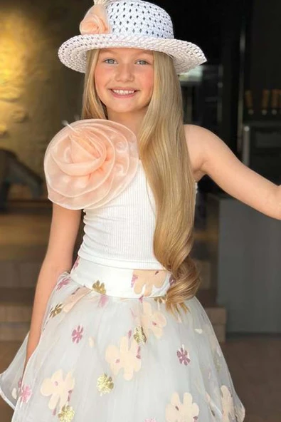 Kız Çocuk Tek Omuzlu Gül Detaylı Bluz ve Jakar Desenli Somon Etekli Takım - Resim 7