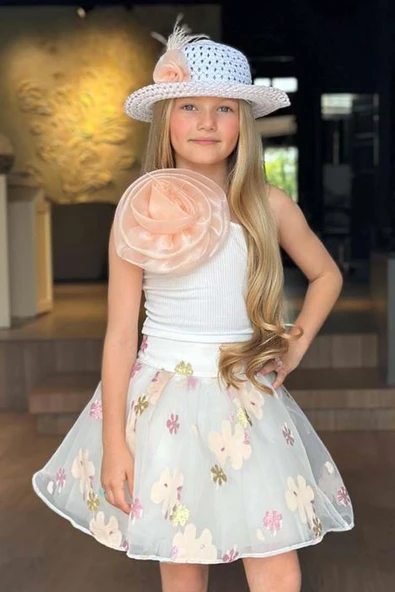 Kız Çocuk Tek Omuzlu Gül Detaylı Bluz ve Jakar Desenli Somon Etekli Takım - Resim 4