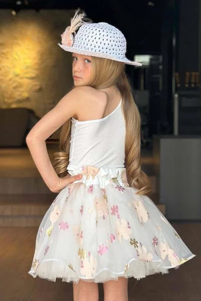 Kız Çocuk Tek Omuzlu Gül Detaylı Bluz ve Jakar Desenli Somon Etekli Takım - Resim 5