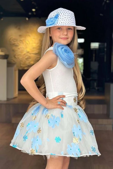 Kız Çocuk Tek Omuzlu Gül Detaylı Bluz ve Jakar Desenli Mavi Etekli Takım - Resim 6