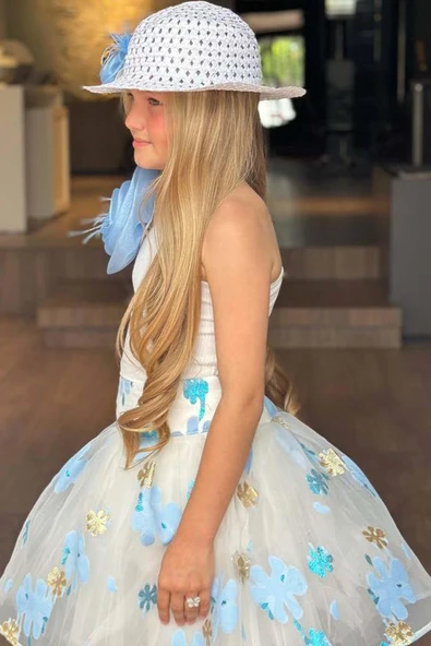 Kız Çocuk Tek Omuzlu Gül Detaylı Bluz ve Jakar Desenli Mavi Etekli Takım - Resim 7