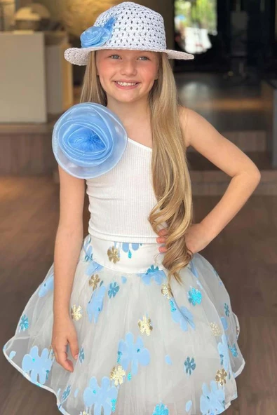 Kız Çocuk Tek Omuzlu Gül Detaylı Bluz ve Jakar Desenli Mavi Etekli Takım - Resim 5