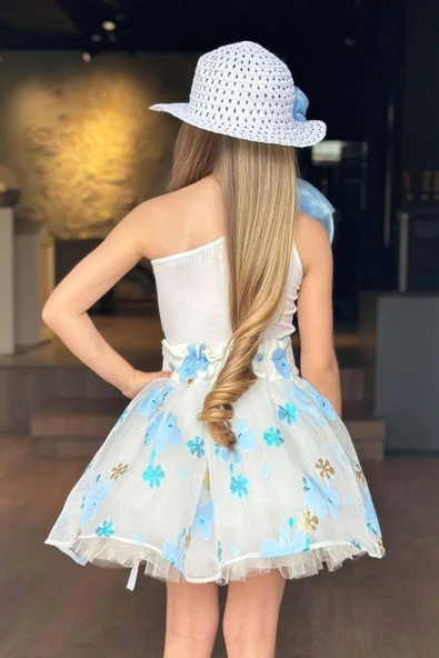 Kız Çocuk Tek Omuzlu Gül Detaylı Bluz ve Jakar Desenli Mavi Etekli Takım - Resim 8