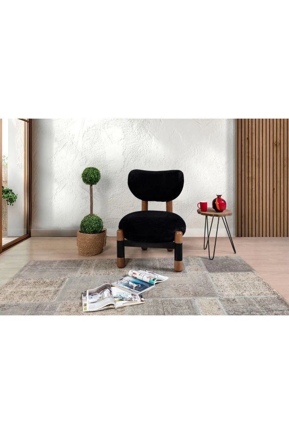 TurkishTouch Modern Berjer Siyah Teddy Kumaş Ahşap Ayak Siyah Metal Gövde Tekli Koltuk Salon Genç Odası Ofis - 5