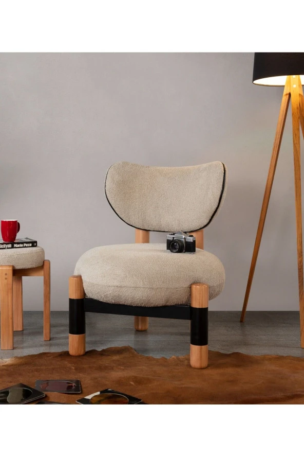 TurkishTouch Modern Berjer Krem Teddy Kumaş Bohem Ahşap Ayak Siyah Metal Gövde Tekli Koltuk Salon Genç Odası Ofis