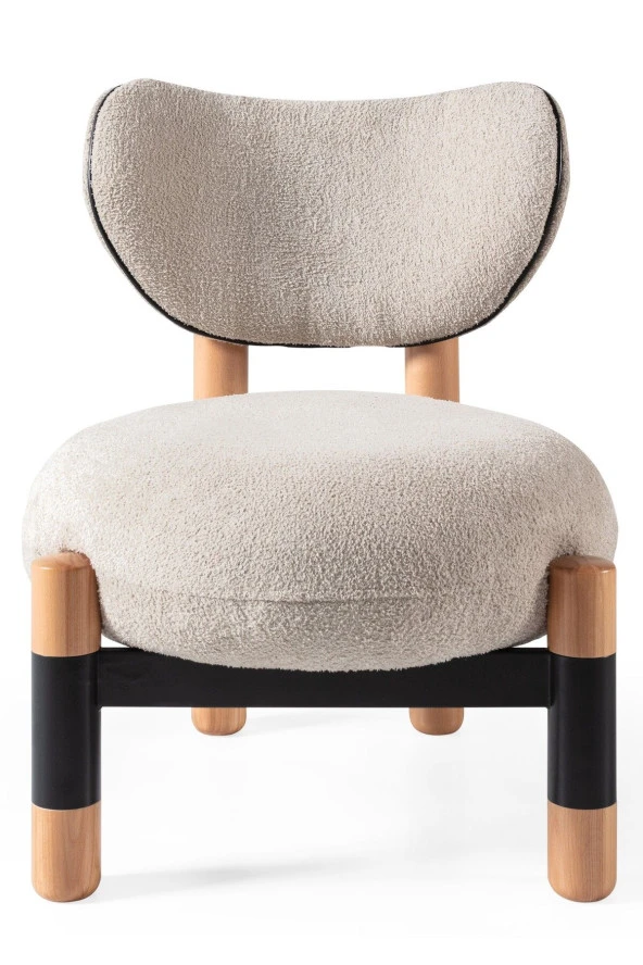 TurkishTouch Modern Berjer Krem Teddy Kumaş Bohem Ahşap Ayak Siyah Metal Gövde Tekli Koltuk Salon Genç Odası Ofis - 2