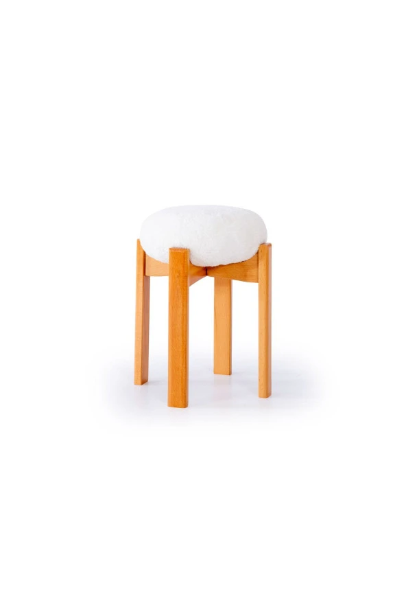 TurkishTouch Puf Beyaz Teddy Kumaş Ahşap Ayaklı Dekoratif Modern Oturma Odası Makyaj Masası Mutfak Balkon Ofis - 2