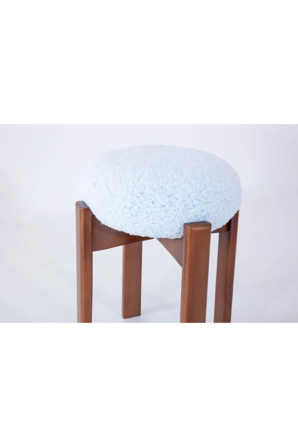 TurkishTouch Puf Mavi Teddy Kumaş Ceviz Renkli Ahşap Ayaklı Dekoratif Modern Oturma Odası Makyaj Masası Mutfak - 3