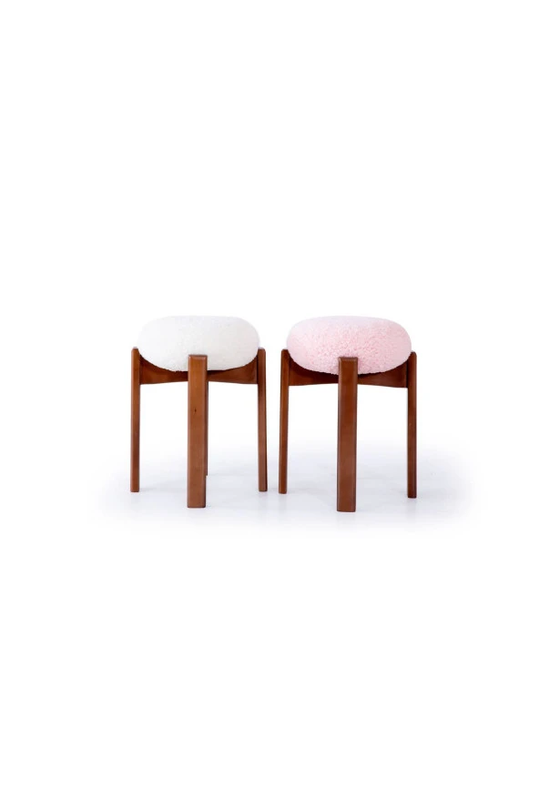 TurkishTouch Puf Pembe Teddy Kumaş Ceviz Renkli Ahşap Ayaklı Dekoratif Modern Oturma Odası Makyaj Masası Mutfak - 4