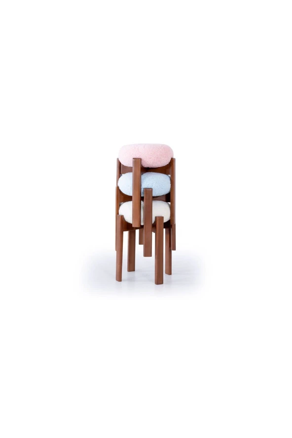 TurkishTouch Puf Beyaz Teddy Kumaş Ceviz Renkli Ahşap Ayaklı Dekoratif Modern Oturma Odası Makyaj Masası Mutfak - 5